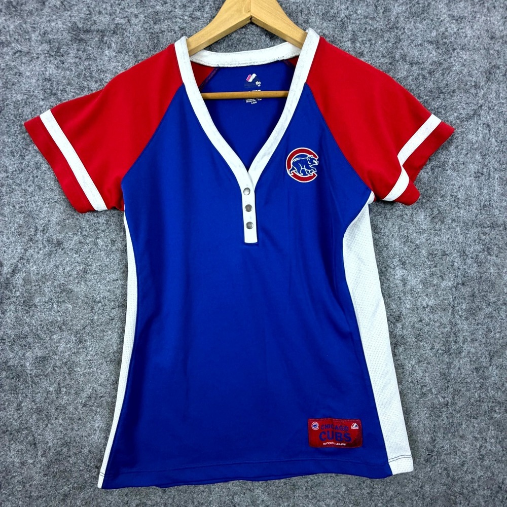 Majestic Chicago Cubs Jersey Juniors Large Blue Red MLB Baseball Henley Top